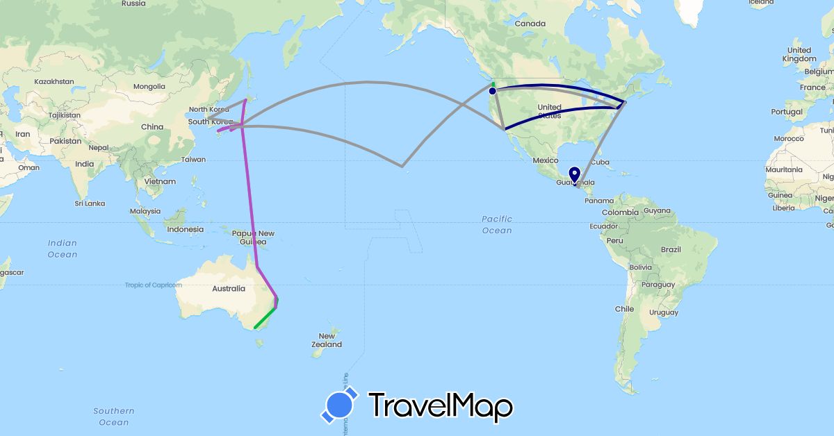 TravelMap itinerary: driving, bus, plane, train in Australia, Guatemala, Japan, South Korea, El Salvador, United States (Asia, North America, Oceania)